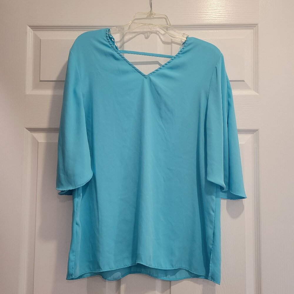 Chico's Size 1 Turquoise Blouse Elbow Length Sleeve 100% Polyester
